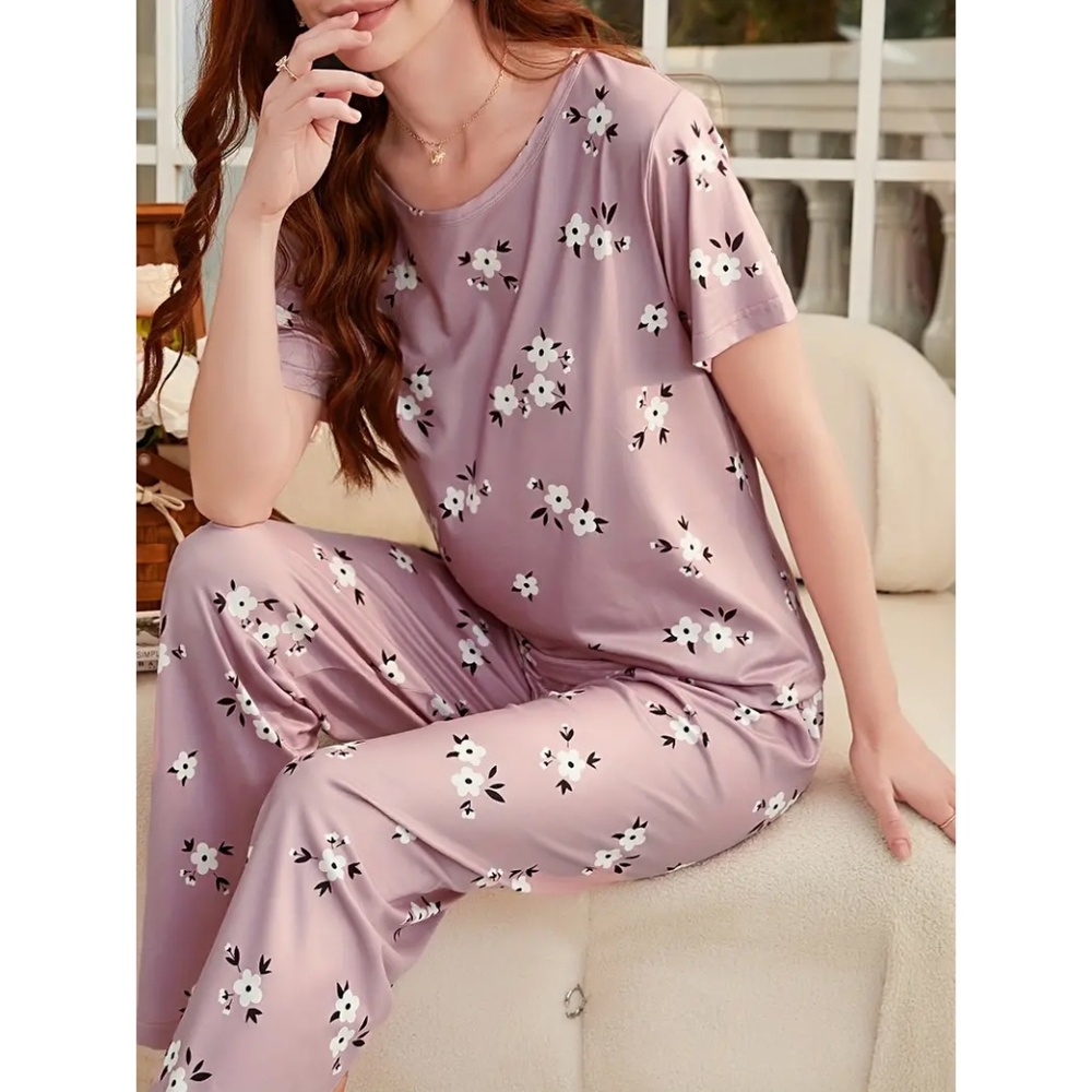 Pajama Set Soft Comfortable Short Sleeve Top & Pants Cute Floral XL - Picture 4 of 9